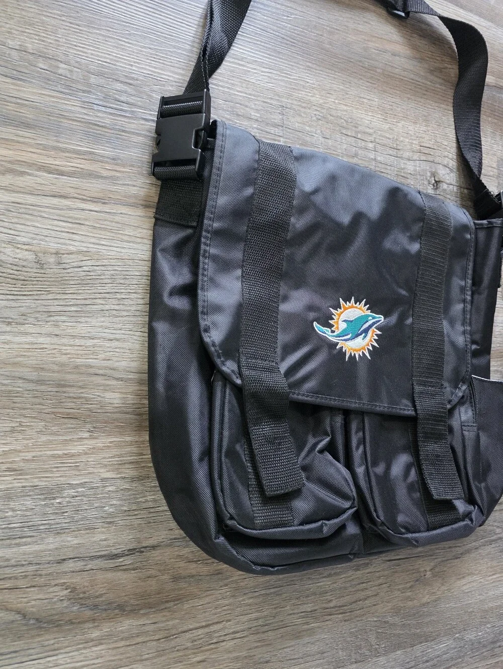Black Miami Dolphins Logo Messenger Bag - Adjustable Strap